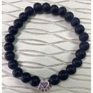 Unisex Black Onyx 5/16" Beaded Stretchy Bracelet W/silver Dog Paw‎ 2 1/2" Wide